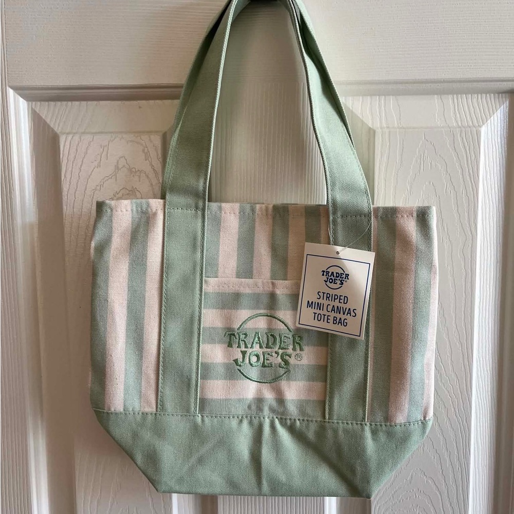 Trader Joe's Pastel Mint Green Striped Mini Canvas Tote Bag - NWT